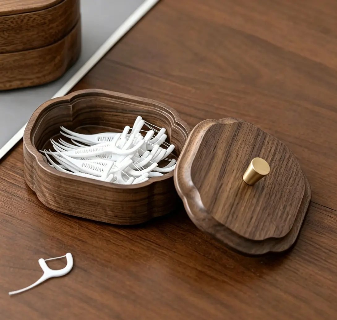 

Walnut Wood Storage Box, Cotton Swab & Floss Pick Holder for Tabletop, Premium Home Decor Organizer for Entryway & Living Room
