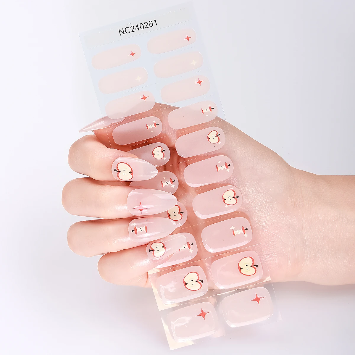 20Tips French Semi Cured Gel Nail Strips Pink and White Heart Plaid Design Gel Nails Stickers For Women Manicure Decoration