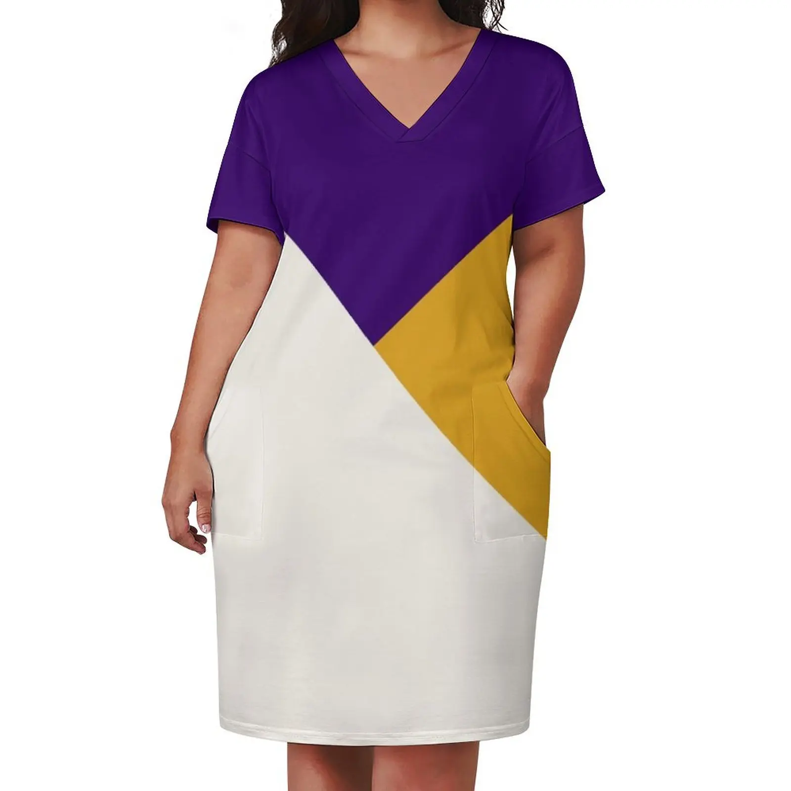 Tricolor Geometry Purple Yellow Loose Pocket Dress Woman fashion dress women summer 2024