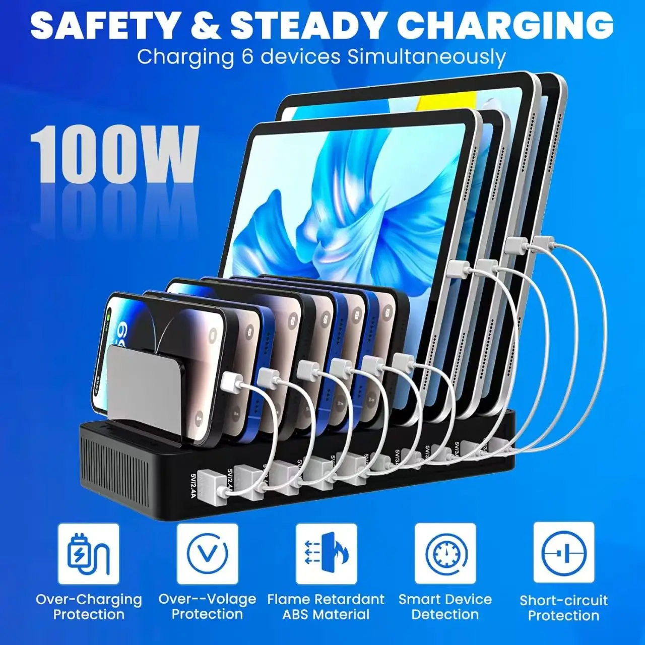 Multi-Port 100W Charger: 5 USB & 5 Type-C Ports Stand Design Supports 10 Devices Simultaneously, Compatible with Phones & Tablet