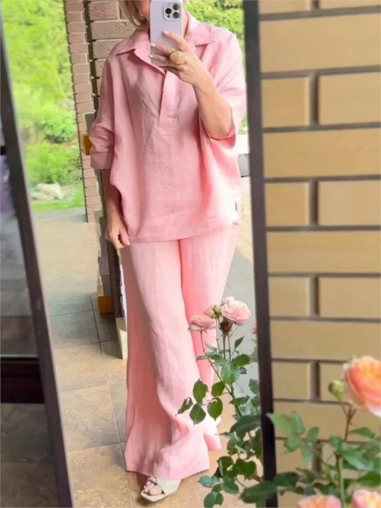 

Fashion Cotton Linen Loose Long-sleeved Shirt Suit Women's Autumn Casual Pullover Elegant Female Wide-leg Long Pants 2-piece Set