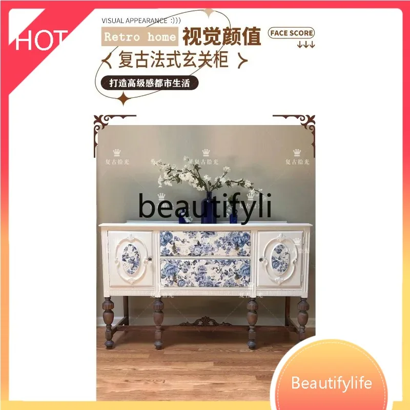 XX80 French Retro Solid Wood Carved Entryway Cabinet Living Room Painted Decorative Storage Cabinet Sideboard