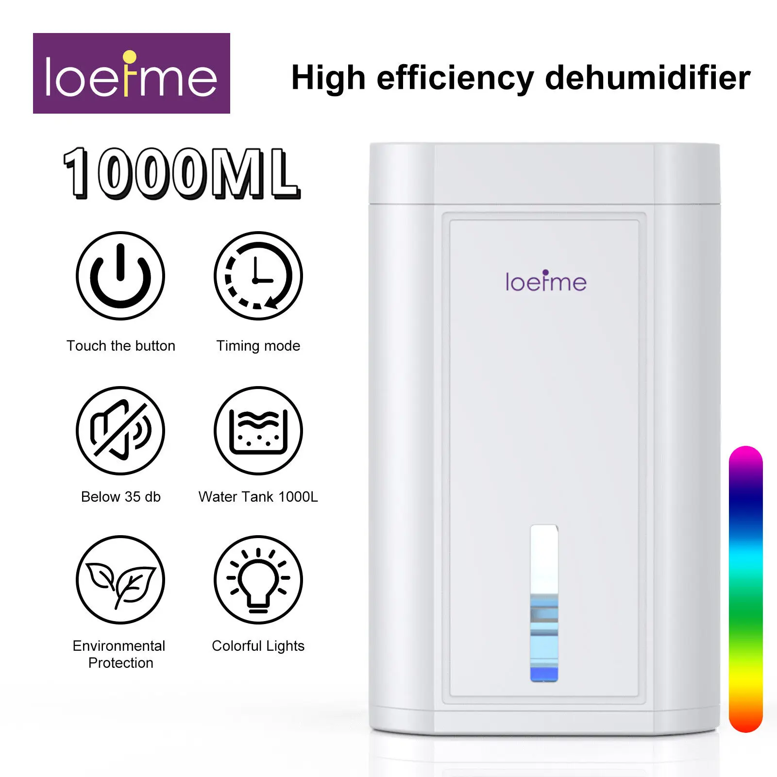 LOEFME 1000ML Tank Capacity Electric Dehumidifier for Home Condensation Moisture with Timer Silent Low Noise 35dB