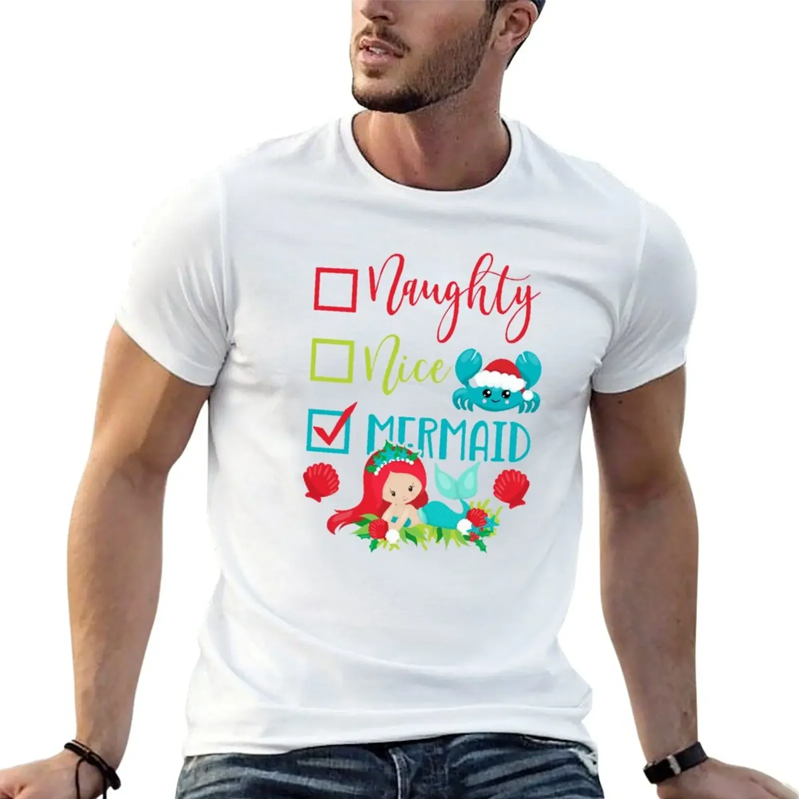 

Christmas In July Naughty Nice Mermaid Summer Beach T-Shirt tees plus size clothes cheap stuff mens vintage t shirts