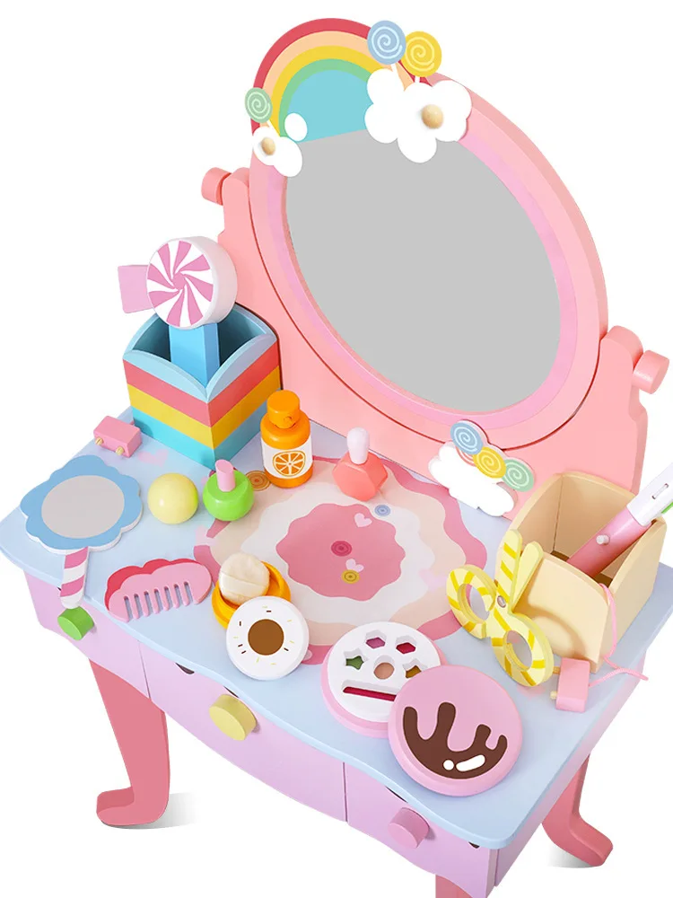 새로운 어린이용 시뮬레이션 나무 화장대 여자아이 장난감 놀이 화장 세트 화장대 놀이집 여자아이 장난감 어린이 선물