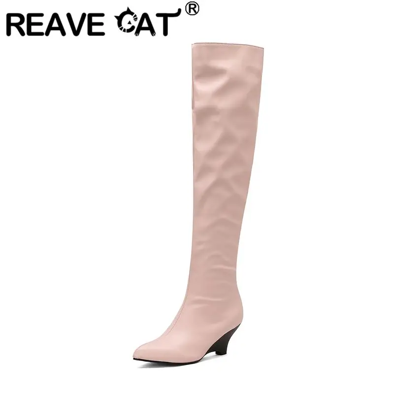 

REAVE CAT 2025 Sexy Women Thigh Boots Pointed Toe Wedges 6.5cm Slip On Plus Size 46 47 48 Fashion Dating Over Knee High Booties