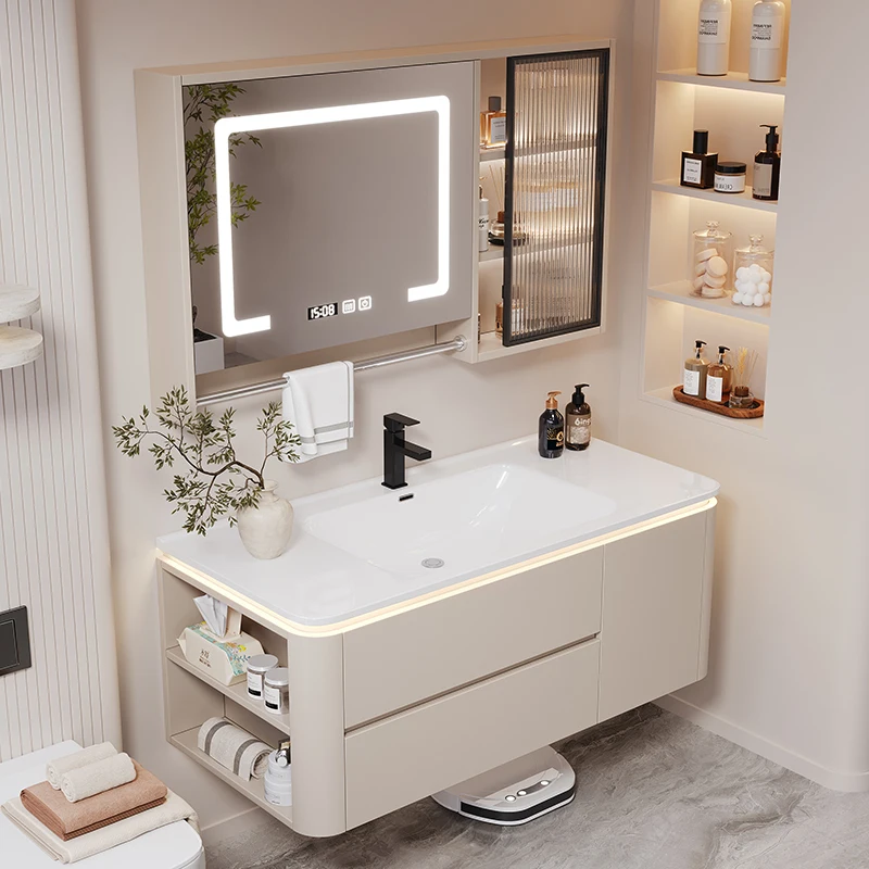 

Wooden Column Cabinet Storage Shelf Vanity Mirror Washbasin Drawer Organizer Compact Design Meuble Salle De Bain Bathroom