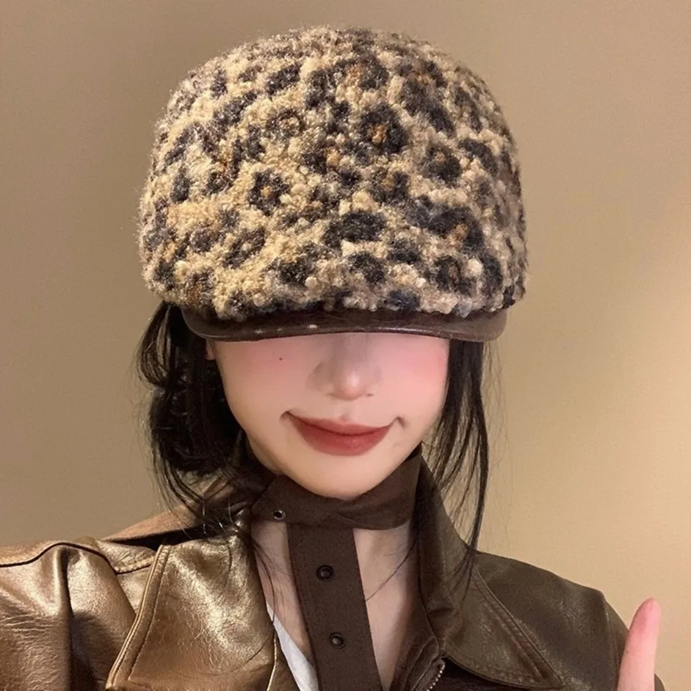 

Retro Adjustable Lamb Wool Berets Hat Pu Leather Brim Y2k Leopard Print Berets Keep Warm Street Women Newsboy Caps Autumn Winter