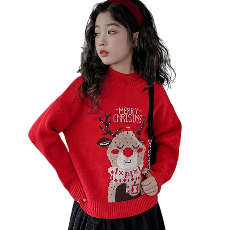 

New Fashion Girls Christmas Sweater with Cartoon Deer for Children New Year Knitwear Costume Kids Party Pullover Knitted Clothes