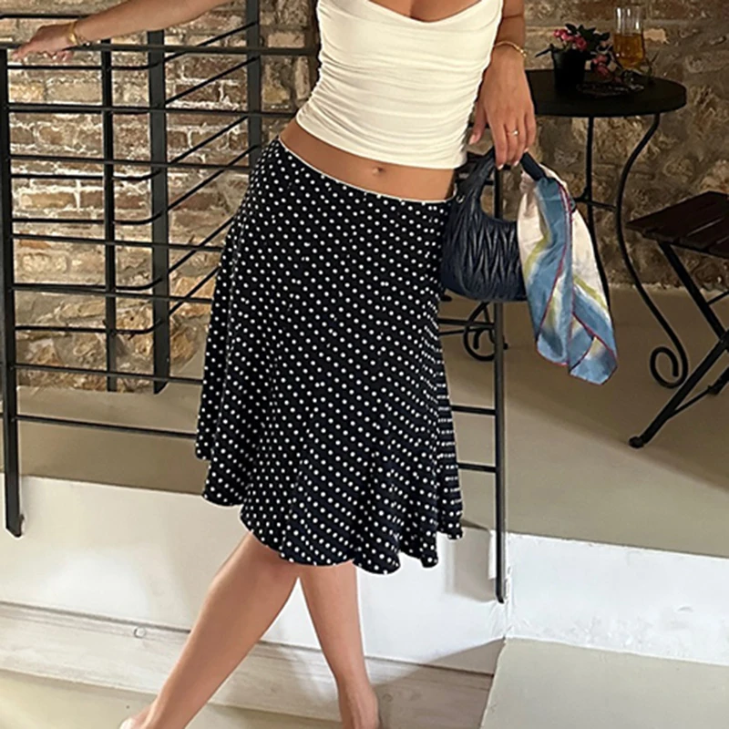 Mulheres chiques vintage elegante senhora midi saias férias moda estilo roupas bolinhas cintura baixa a linha saia high street y2k saia