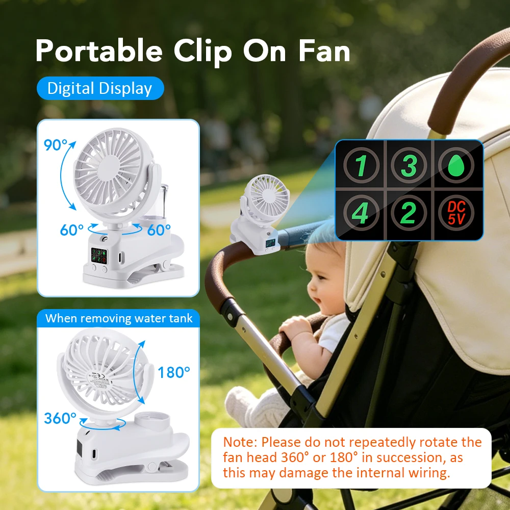 Portable Clip On Mist Fan USB Rechargeable 4 Speeds LED Digital Display Nano Mist Humidifier Adjustable Desk Fan for Home Office