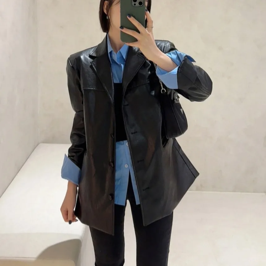 معطف نسائي أنيق فضفاض بتصميم عتيق من جلد البولي يوريثان Jaet Faionable Commute متعدد الاستخدامات طويل Sve irt النسخة الكورية من الجلد