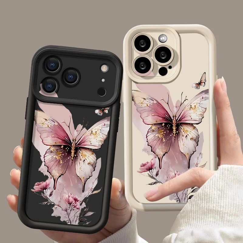 Rosa Schmetterlingsdruck-weiche Handyhülle für iPhone 17 Pro Max Air 16e 16 15 14 Pro Max 13 12 Pro 16 Plus stoßfeste Silikonhülle