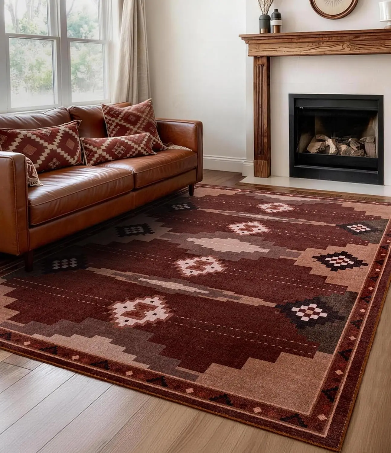 Brown Red Southwestern Rustic Rug, Soft Washable Navajo Carpet, Non-Slip Mid Century Modern for Living Room Bedroom Dining Room