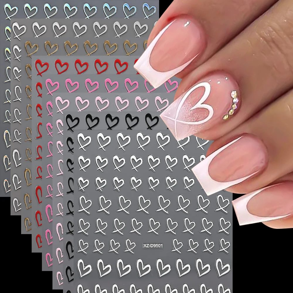 8 hojas de pegatinas para uñas con diseño de corazón torcido rosa Y2K, calcomanías para uñas de amor sexis para el Día de San Valentín, deslizadores de manicura plateados con láser blanco