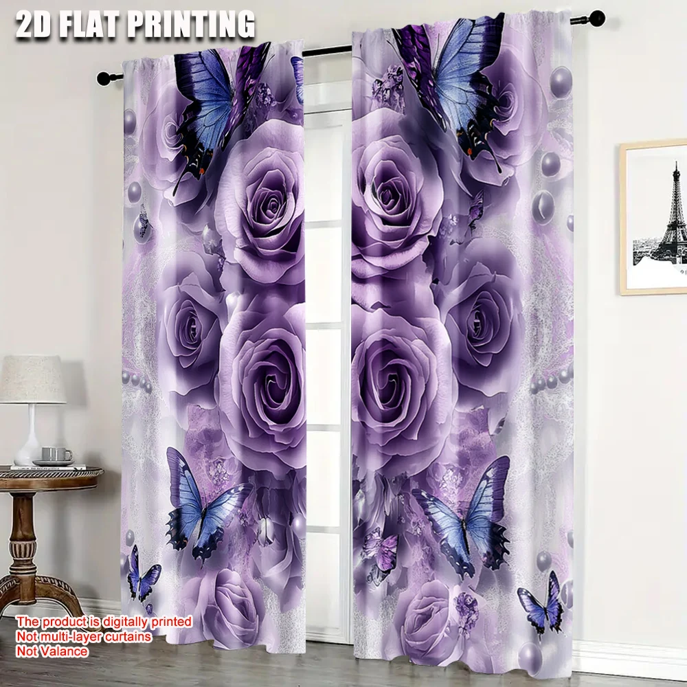 

2pcs, Curtain Popular 2D print Purple Watercolor Floral Fabric (without rod) Stuff Clearance for Bedroom, Living Room, Office,