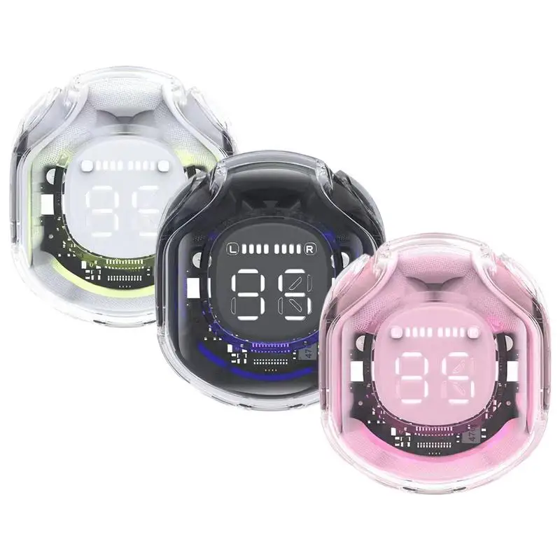 سماعة بلوتوث 5.3 لاسلكية بخاصية إلغاء الضوضاء، سماعات رأس رياضية هاي فاي ستيريو مع علبة شحن شفافة بشاشة رقمية