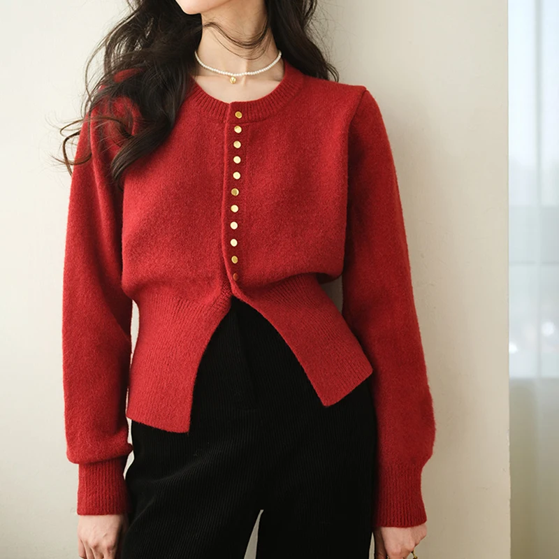 French Vintage Knitted Cardigan for Women Autumn Winter Long Sleeve Gold Buttons Basic Tops Female Christmas Red Sweater