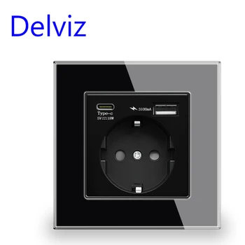 Delviz 크리스탈 유리 USB 소켓, C타입 USB 포트, EU 표준 1A 1C 스마트 듀얼 인터페이스, C타입 급속 충전 벽 전원 콘센트 