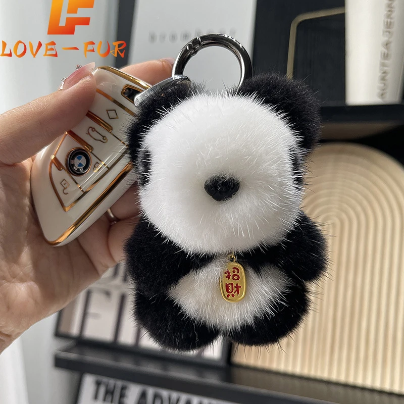 Cute Real Mink Fur Keychain Plush Panda Pendant Kids Toy Women Bag Charm Trinkets Car Metal Key Rings Rear View Mirror Ornaments