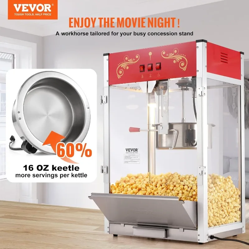 VEVOR Máquina para hacer palomitas de maíz, máquina para hacer palomitas de maíz de 1615 W, tetera de 16 Oz, máquina para hacer palomitas de maíz de gran capacidad con vidrio templado