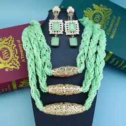 Neovisson Morocco Handmade High Quality Beads Chain Choker Square Crystal Earring Arabic Bride Jewelry Sets Gold Color Gift