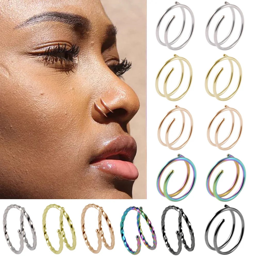 3 Pcs Stainless Steel Double Nose Hoop Ring Silver Color Helix Fake Nose Piercing Set for Women Men Body Piercing Jewelry