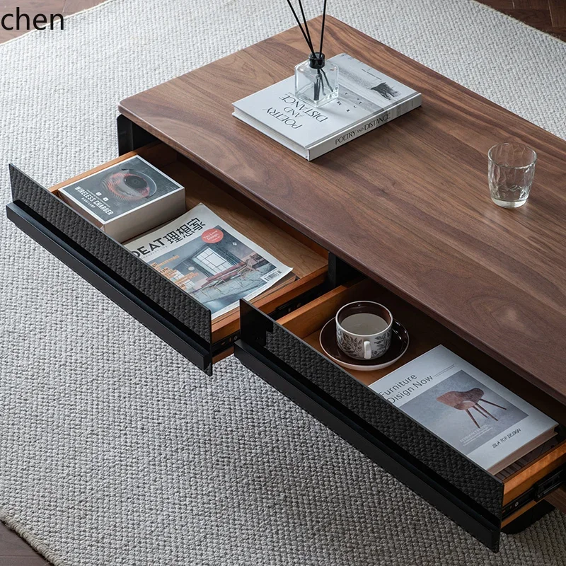 W5.19 walnut solid wood rock slab coffee table display modern black rectangular small apartment with lighting atmosphere