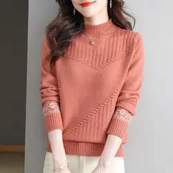 Half High Collar Screw Thread Lantern Long Sleeve Autumn Winter Women's Clothing Pullover Sweater Knitted Flattering Tops