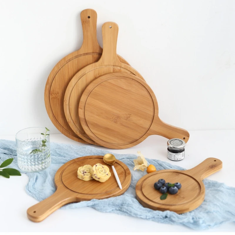 

6/8/9/10/12 Inch Wooden Pizza board Round with Hand Pizza Baking Tray Pizza Stone Cutting Board Platter Pizza Cake Bakeware Tool