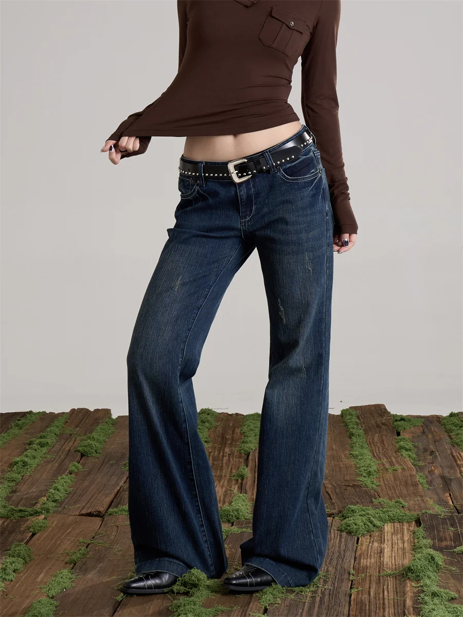 

Deep Blue American Retro Denim Jeans Low Waist Women's Spring Fashion Bell Bottoms Sexy Girl Style Wide Leg Pants