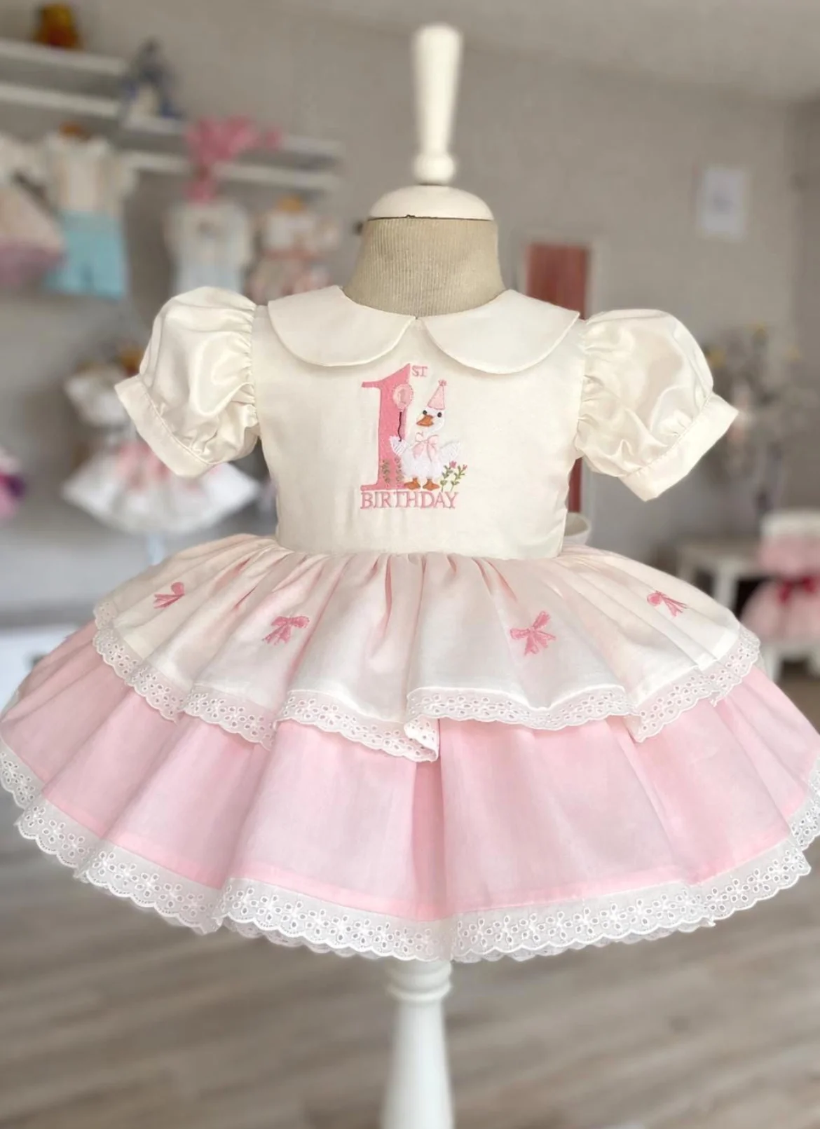Summer Birthday Party Clothing for Girls, White Pink Vintage Princess Dress with Duck+Bows Embroidery for Photography B582
