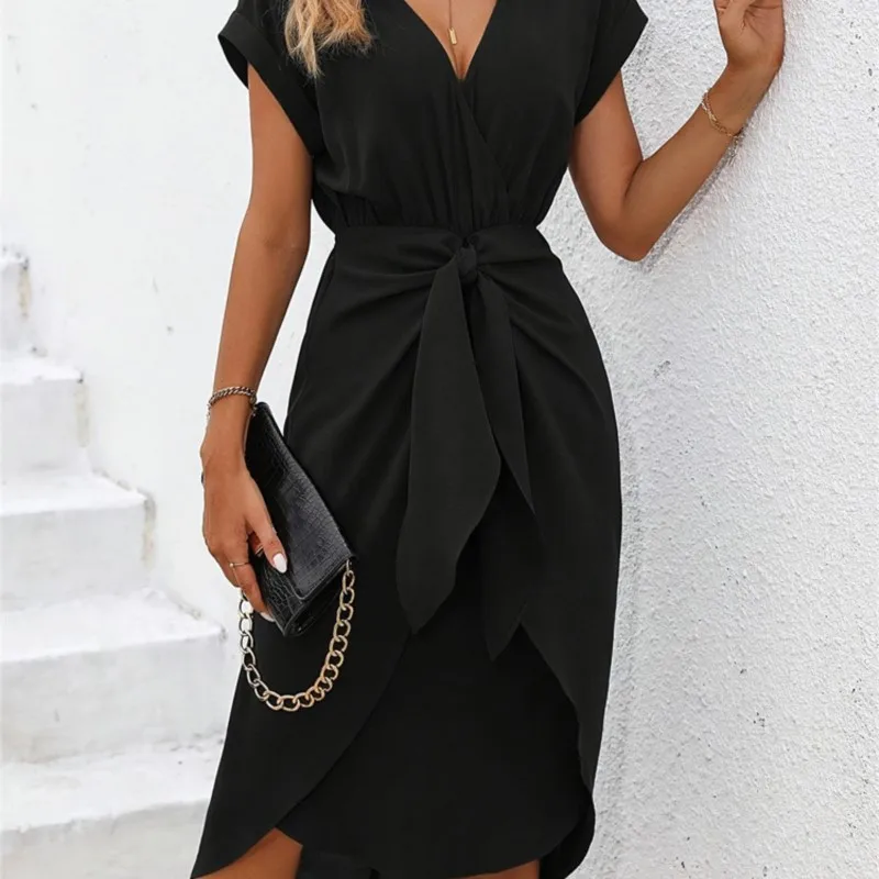 Feminino decote em v arco em camadas plissado vestido 2025 verão vintage manga curta em camadas balanço midi vestido robe sexy verde sunderss