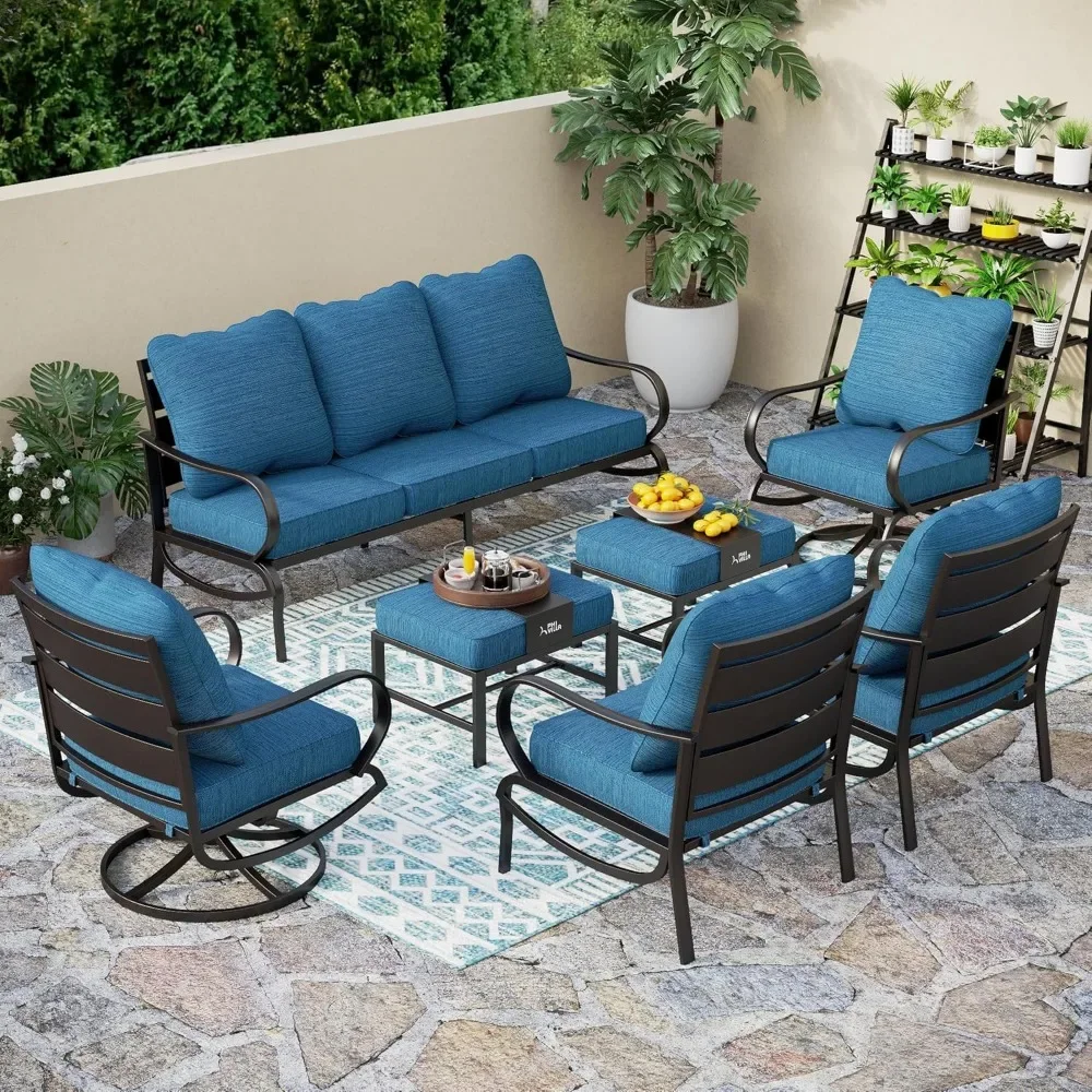 7 pieces of outdoor patio furniture set, 1 3-seater bench sofa, 2 swivel armchairs, 2 leg sofas, 2 upholstered ottomans