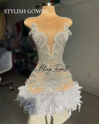 Silver Short Prom Dresses For Black Girls Bead Crystal 2024 Birthday Luxury Dress Feather Mini Cocktail Homecoming Customized