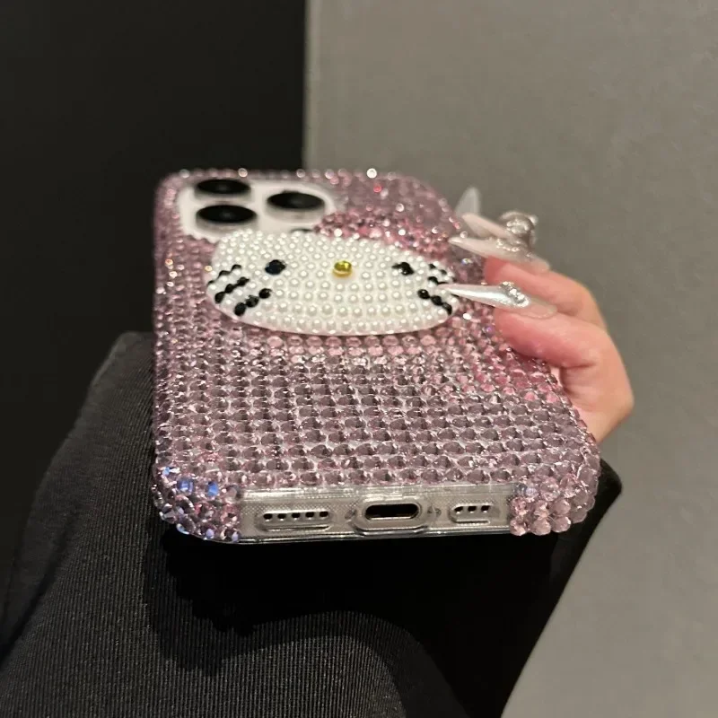 Kawaii Sanrio Hello Kitty DIY telefoonhoesje geschikt voor iPhone 15 1413 16 Pro Max Y2k Flash Diamond all-inclusive transparant hoesje