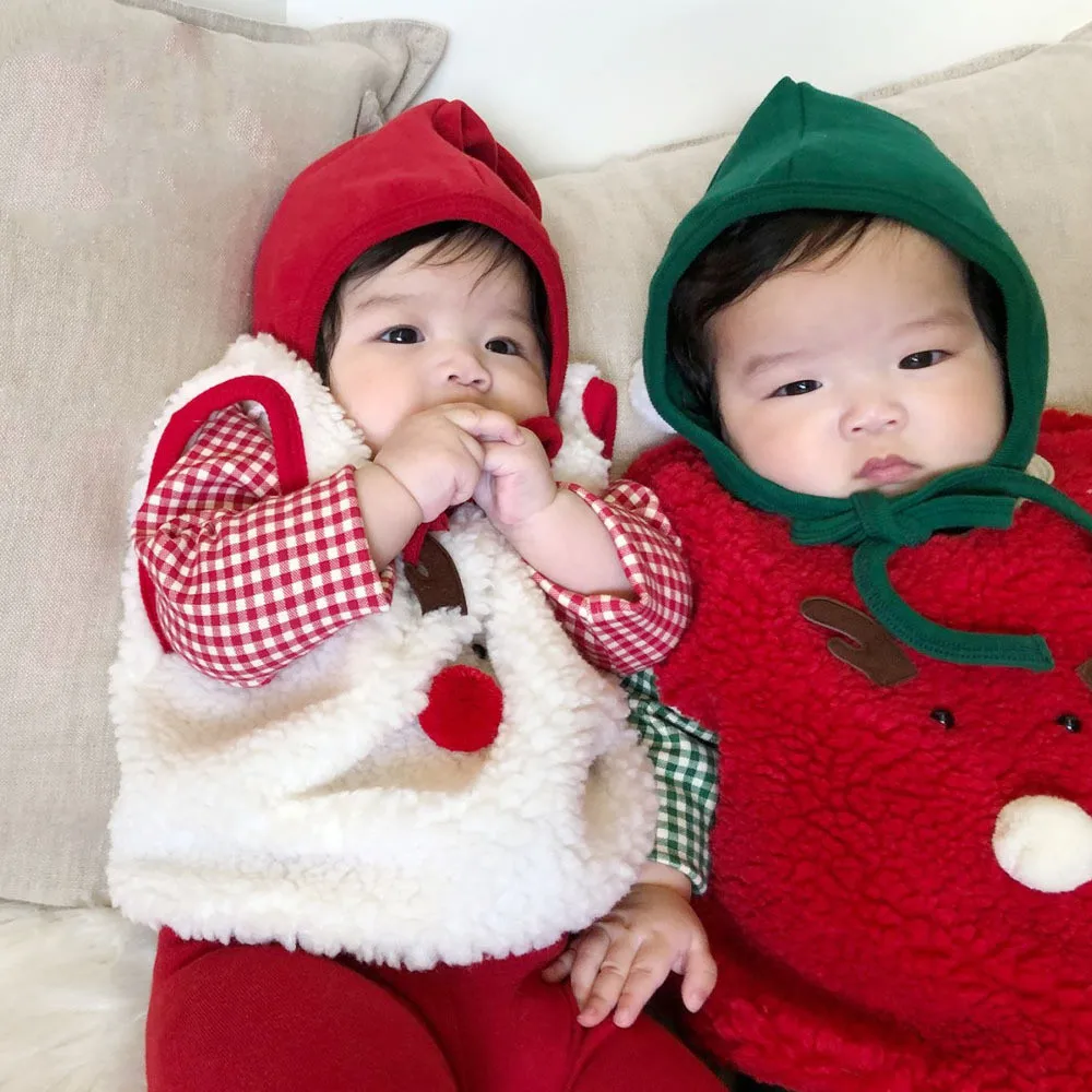 2024 Autumn Suit for Babies Christmas Costume for Baby Children Santa Claus Cosplay Clothes Elf Vest + Christmas-Hat +Overalls