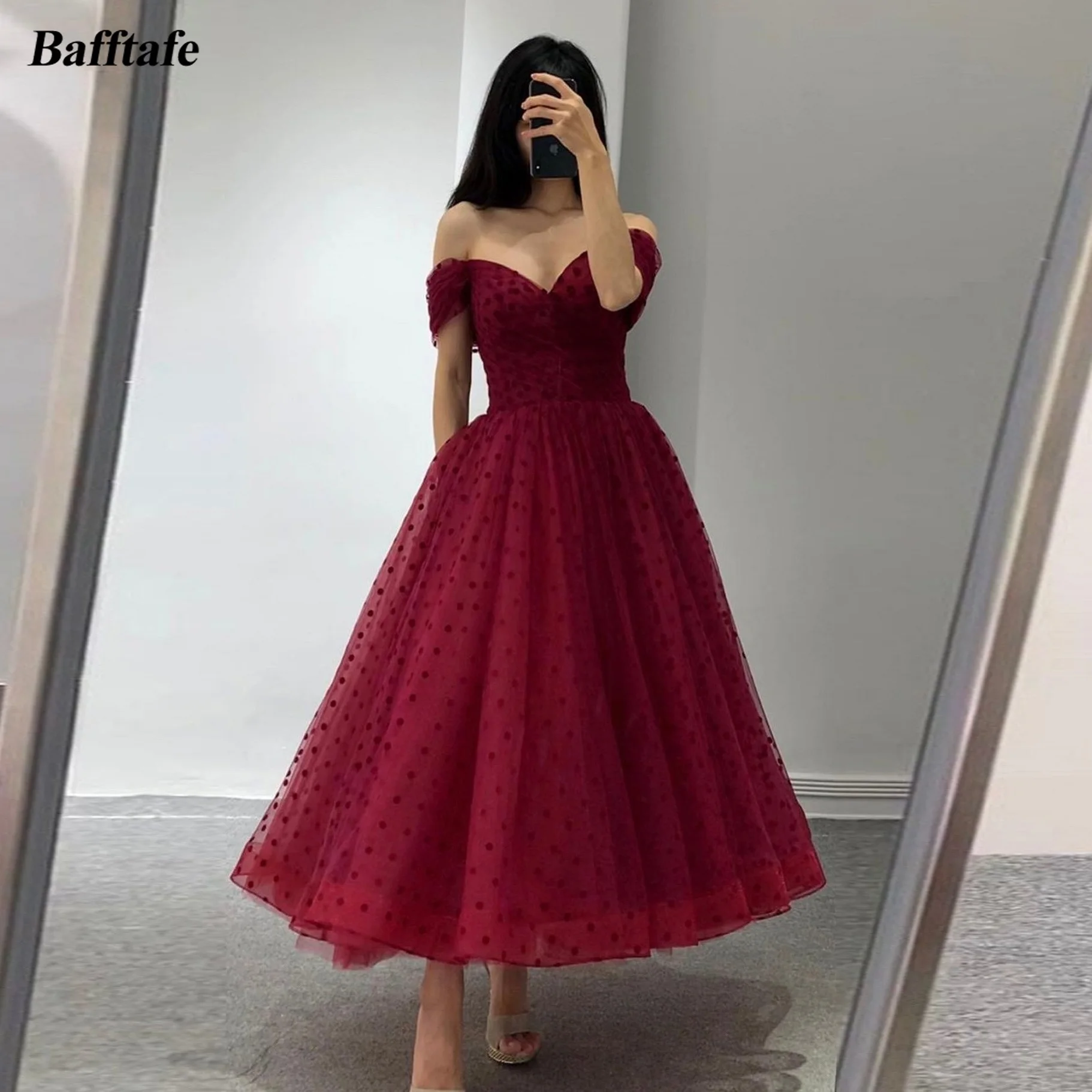 

Bafftafe A Line Polka Dots Tulle Prom Dresses Ankle Length Midi Formal Party Homecoming Gowns Special Occasion Evening Dress