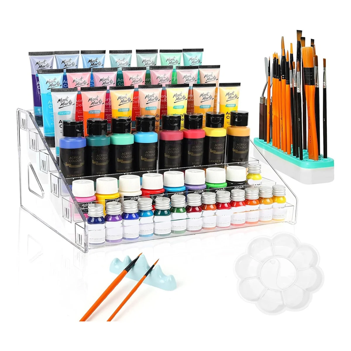 6-Layer Acrylic Paint Storage Box with Paint Brush Holder, Paint Bottle Storage Box for Craft Paint Storage Organizer