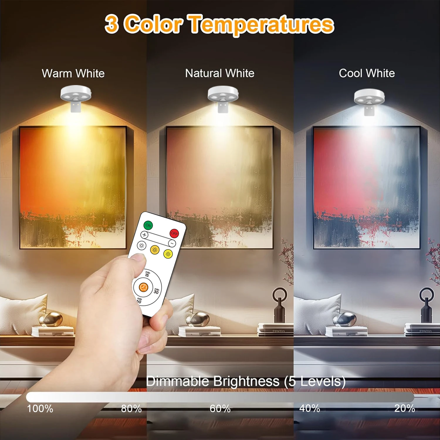 4 (pcs) LED painting light, tri-color dimmable, with bracket, night light, rechargeable, battery-powered sensor light for walls,