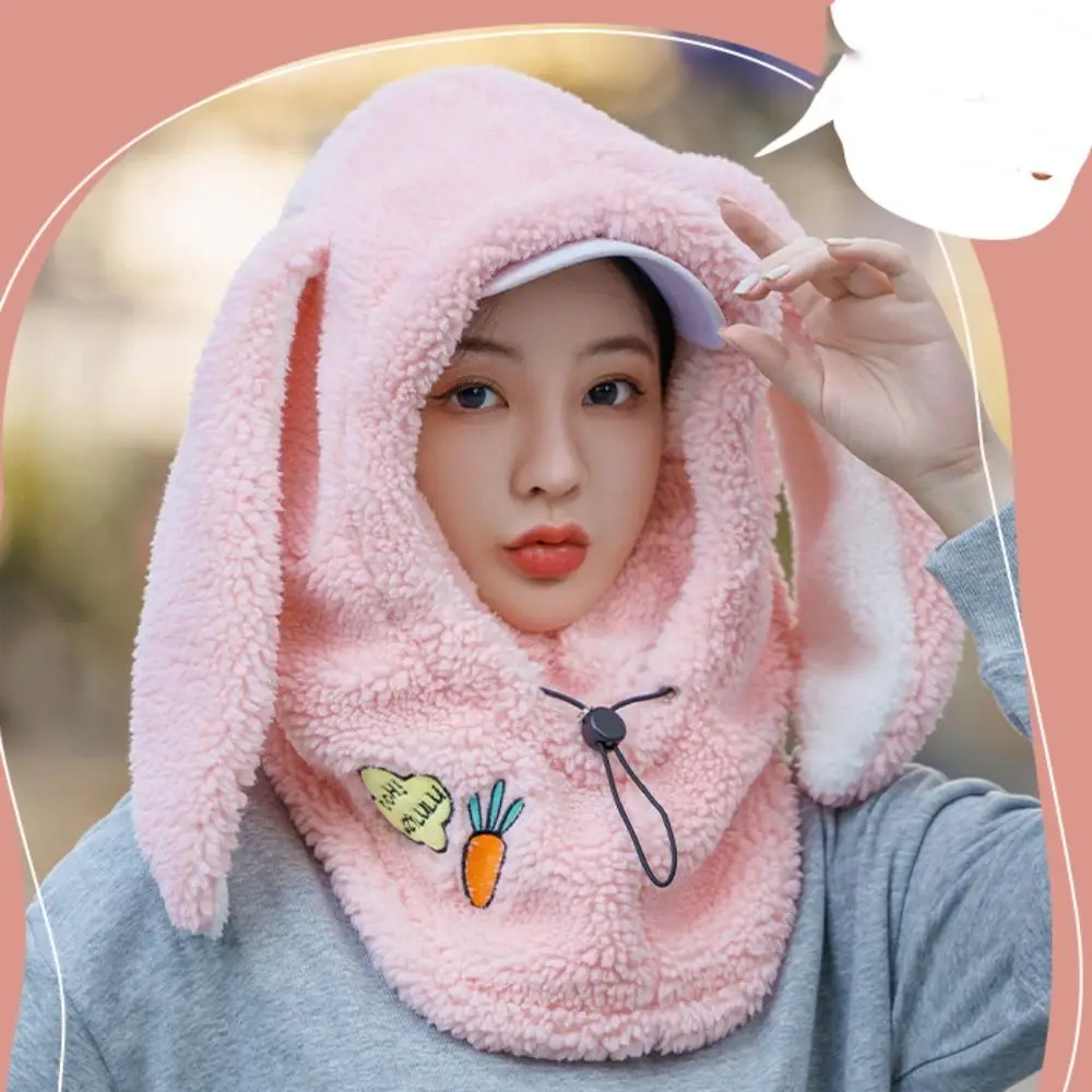 Cartoon Rabbit Ear Balaclava Hat Drawstring Solid Color Fleece Pullover Cap Ear Protector Neck Warmer Masks Hood Beanies Cycling