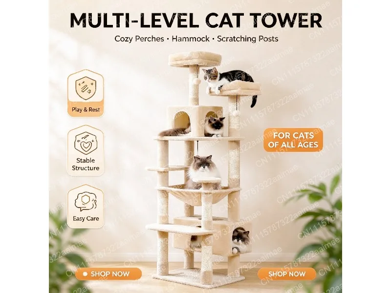 Multi-Level Cat Tree with Sisal Scratching Posts, Hammock, Cat Condo, Top Perch & Dangling Ball Toy