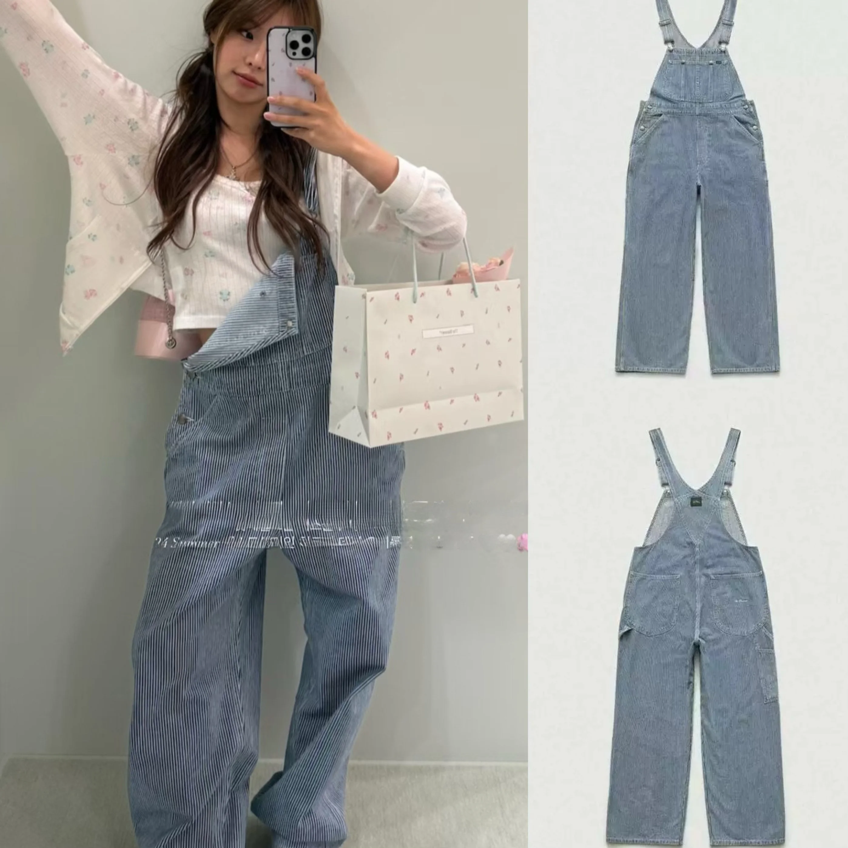 

Джинсовые брюки-комбинезон TheBarnet в корейском стиле с полосками, свободного кроя, прямые, с высокой талией, для повседневной носки