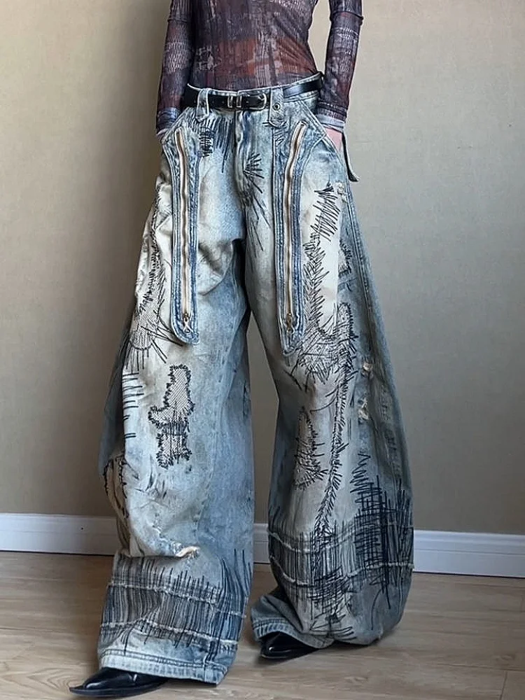 Amerikaanse retro gewassen denim jeans met noodlijdend en bedrukt ontwerp, losse en wijde pijpen streetwear broek voor dames