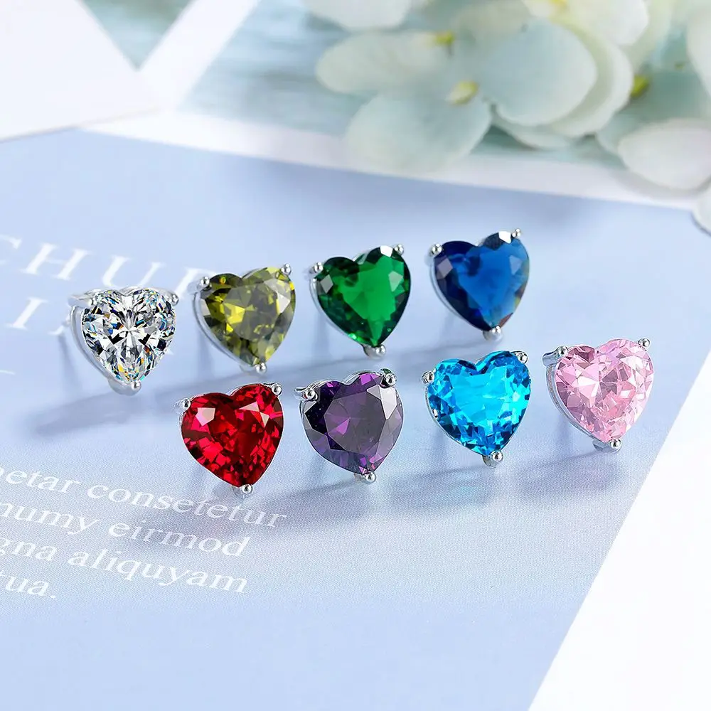 Love Heart Genuine Blue Topaz Amethyst Citrine Garnet Created Sapphire Ruby Emerald 925 Sterling Silver Gemstone Stud Earring