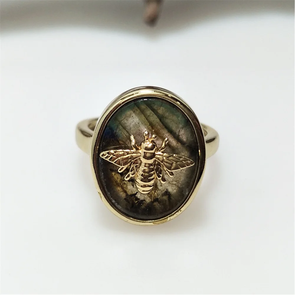 Hot 1Pcs Natural Stone Bee Ring, Golden Plated Oval Rose Quartz&Amazonite Adjustable Ring, Ideal Valentine\'s Day Gift RG103