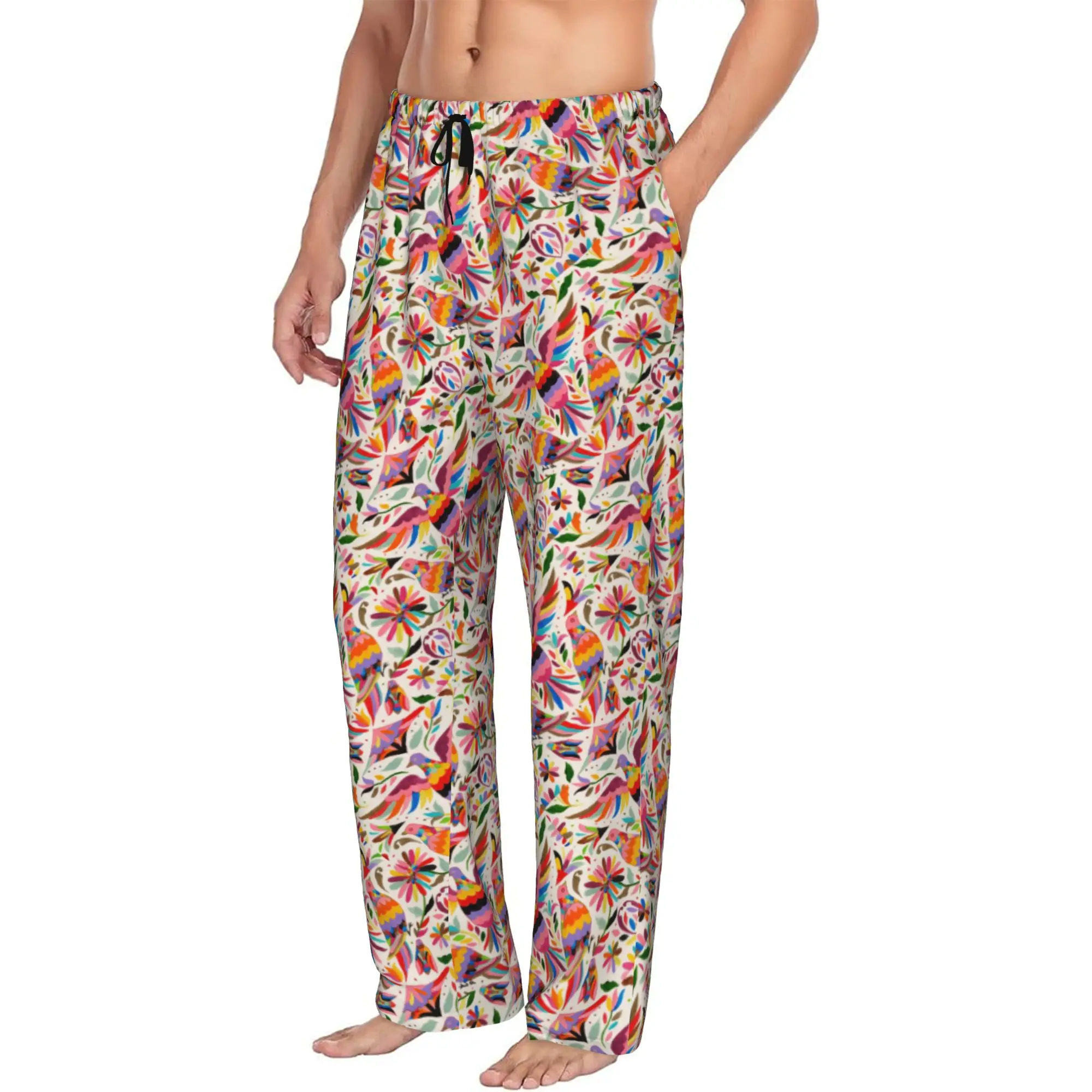 Custom Men Mexican Otomi Birds Pajama Pants Printed Flowers Floral Mexico Sleep Sleepwear Bottoms with Pockets