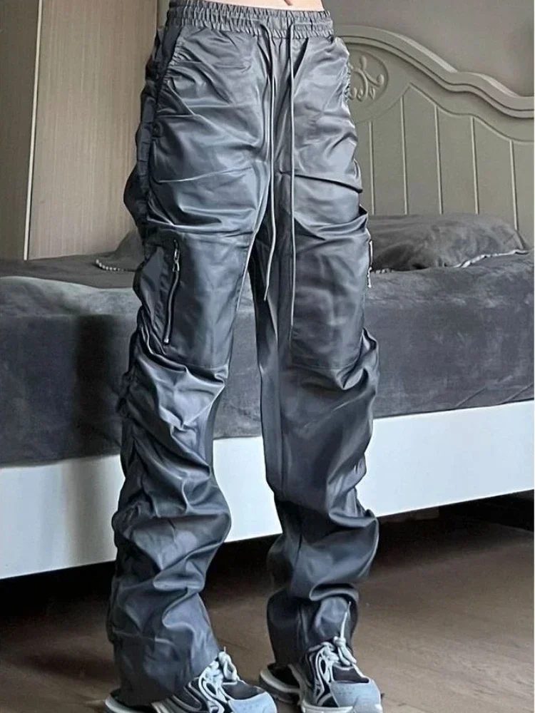 Männliche Hosen Falten Herren Cargohose Biker Grau Hip Hop Motorrad Emo Modekleidung Ästhetisch Hochwertiges Nylon Luxus