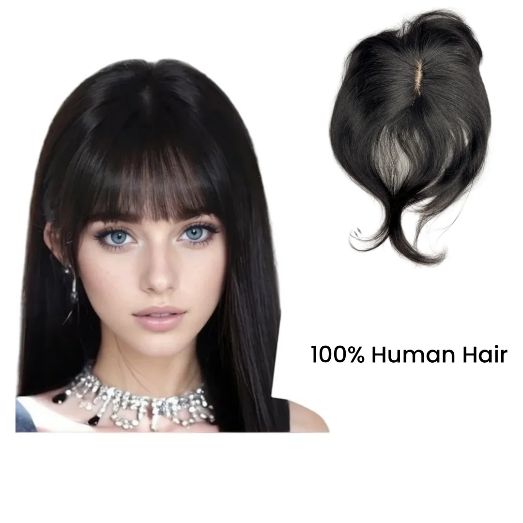 Atasan Rambut dengan Poni Klip Di Atas untuk Wanita dengan Rambut Menipis Renda Sejuk & Dasar PU Potongan Rambut Penutup Rambut Abu-abu