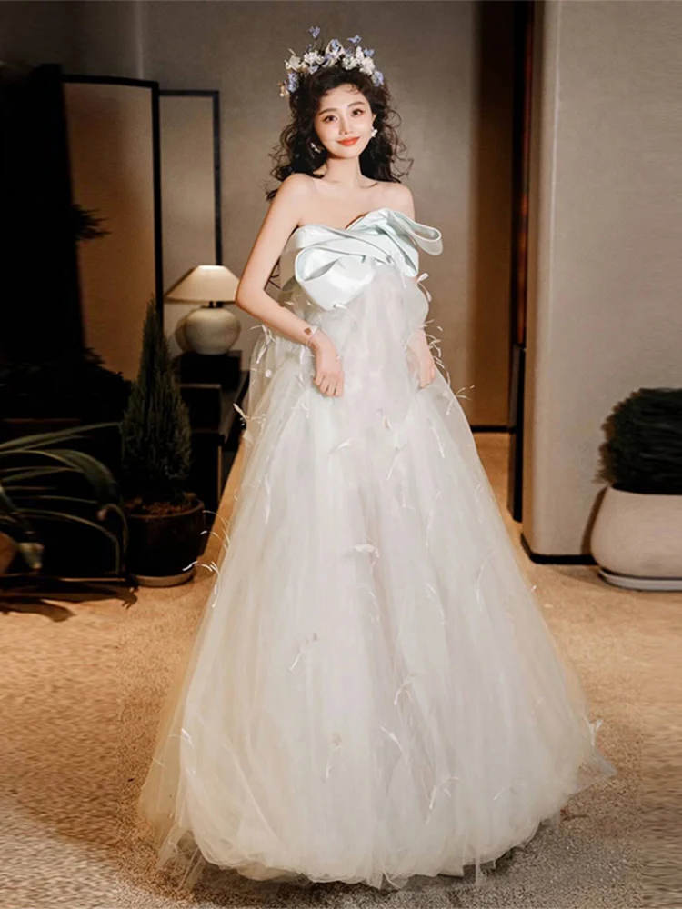 

Длинное свадебное платье Ele Long Feather для женщин, корейский стиль, для помолвки, с молнией, юбка А-силуэта